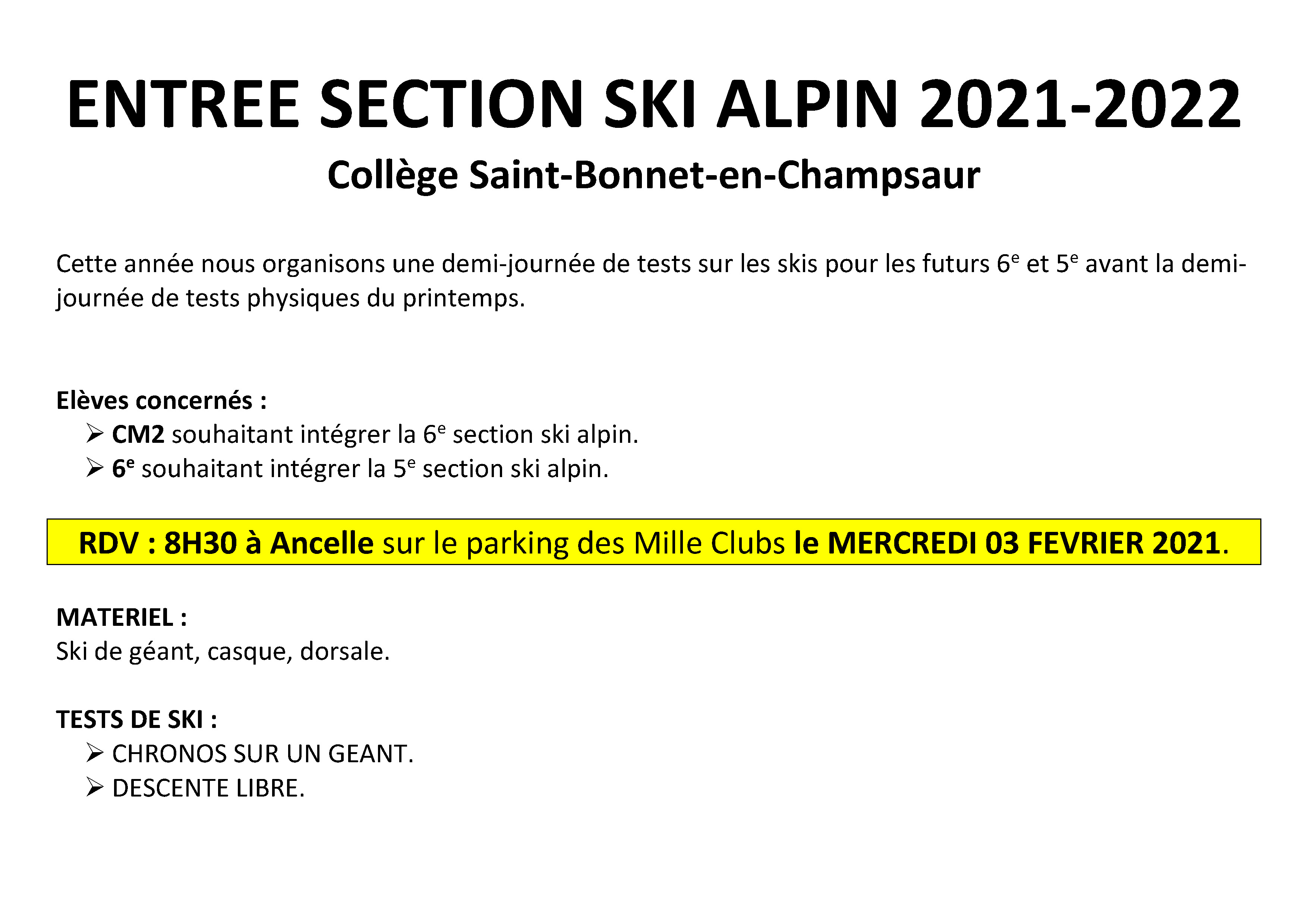 AFFICHE ENTREE SECTION SKI ALPIN 2021