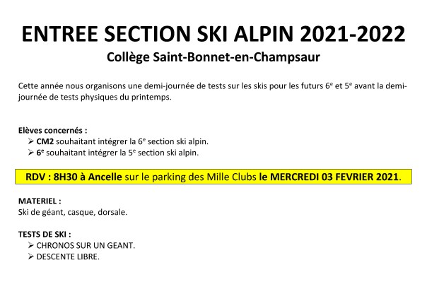 AFFICHE ENTREE SECTION SKI ALPIN 2021